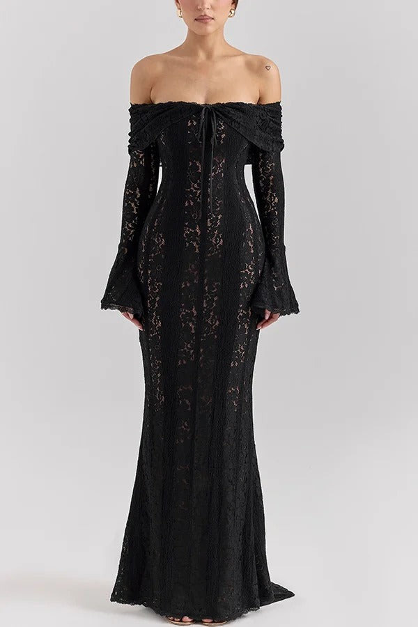 Floral Lace Off Shoulder Bell Sleeve Mermaid Maxi Dress