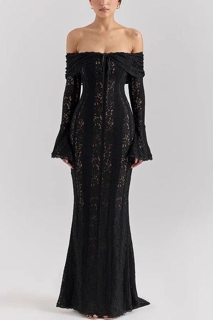 Floral Lace Off Shoulder Bell Sleeve Mermaid Maxi Dress