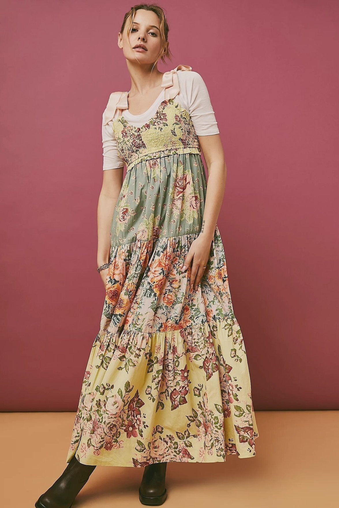 Smocked Tie Shoulder Bow Tiered Patchwork Floral Print Maxi Dress
