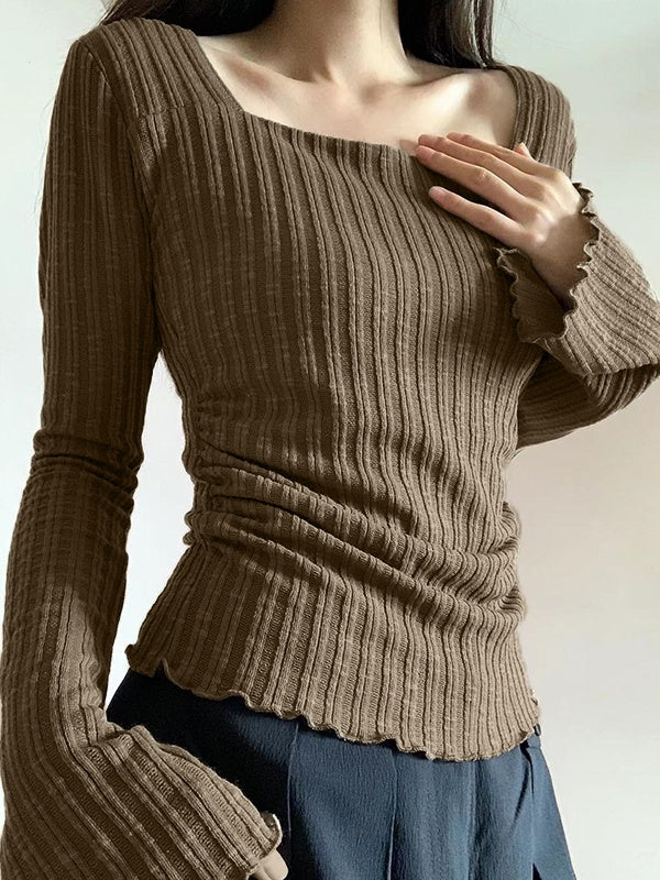 Square Neck Flare Sleeve Slim Knit