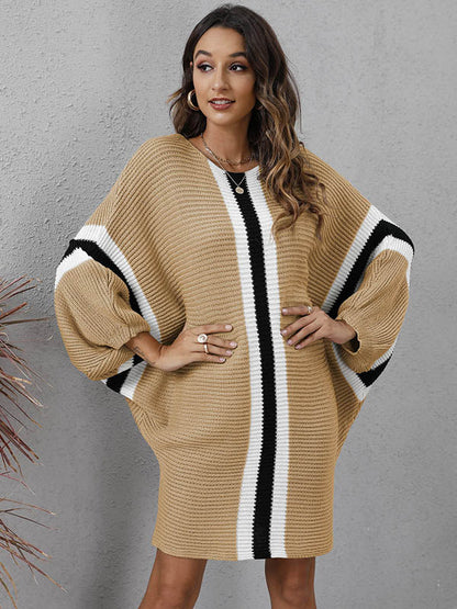 Original Loose 4 Colors Striped Round-Neck Batwing Long Sleeves Sweater Dress