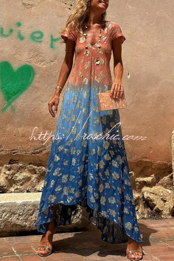 Evaluna Tie Dye Gradient Golden Flower Print Short Sleeve A-line Maxi Dress