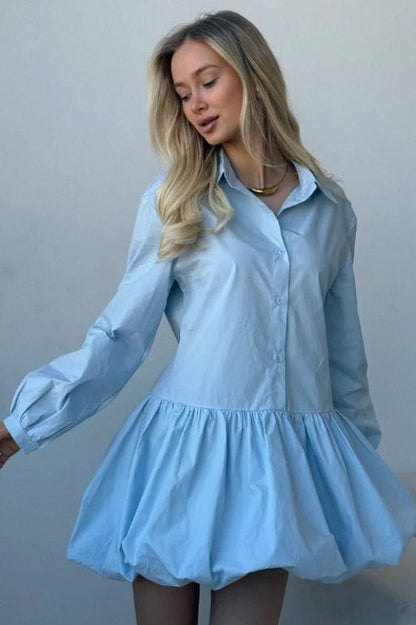 Collared Button Front Puff Sleeve Drop Waist Bubble Hem Mini Shirt Dress