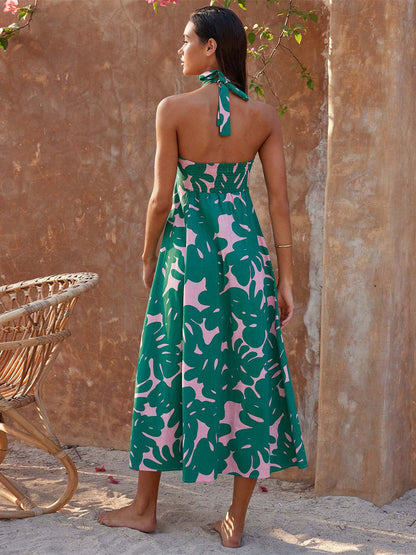 Halter Dress A-Line Printed Pleated Open Back Vacation Casual Midi Dresses