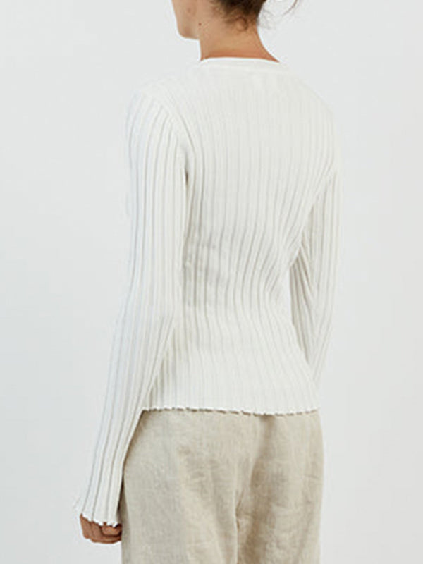Solid Ribbed Crew Neck Long Sleeve Knit