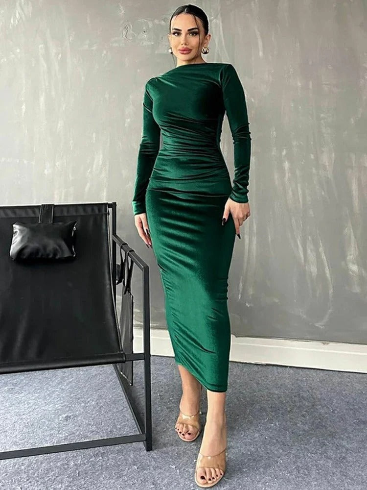 Velvet Ruched Side Drape Bateau Neck Long Sleeve Bodycon Midi Dress