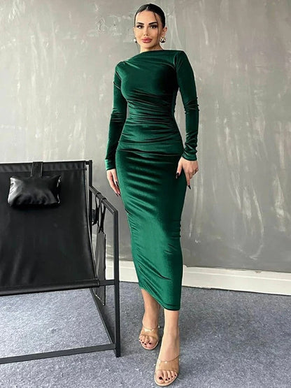 Velvet Ruched Side Drape Bateau Neck Long Sleeve Bodycon Midi Dress