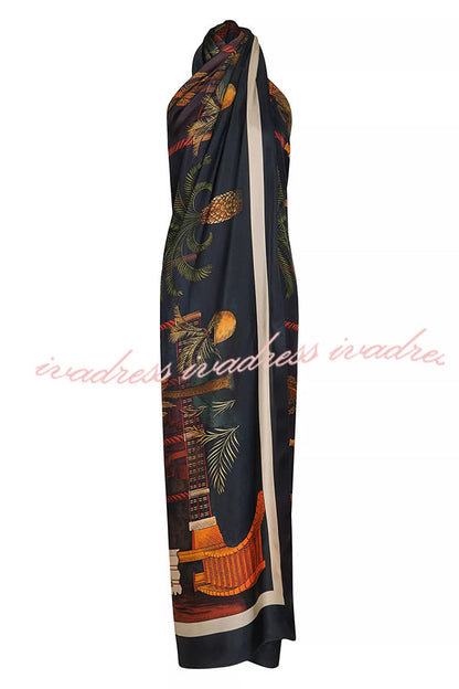 Jungle Elf Unique Print Halter Slit Midi Tank and Elastic Waist Wide Pants Set