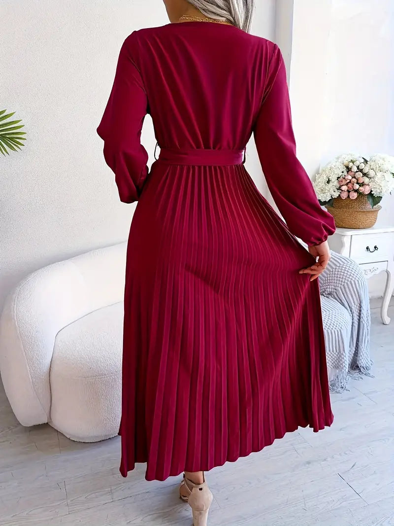 Bishop Sleeve Accordion-Pleated Wrap V-Neck Belted Maxi Dress