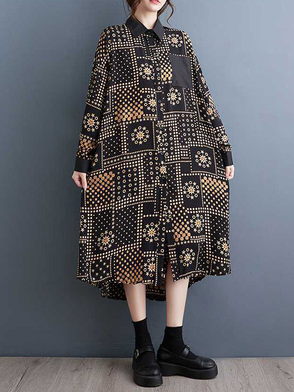 A-Line High-Low Asymmetric Buttoned Pockets Printed Split-Joint Lapel Midi Dresses