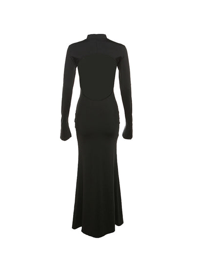 Solid Crew Neck Backless Long Sleeve Maxi Dress