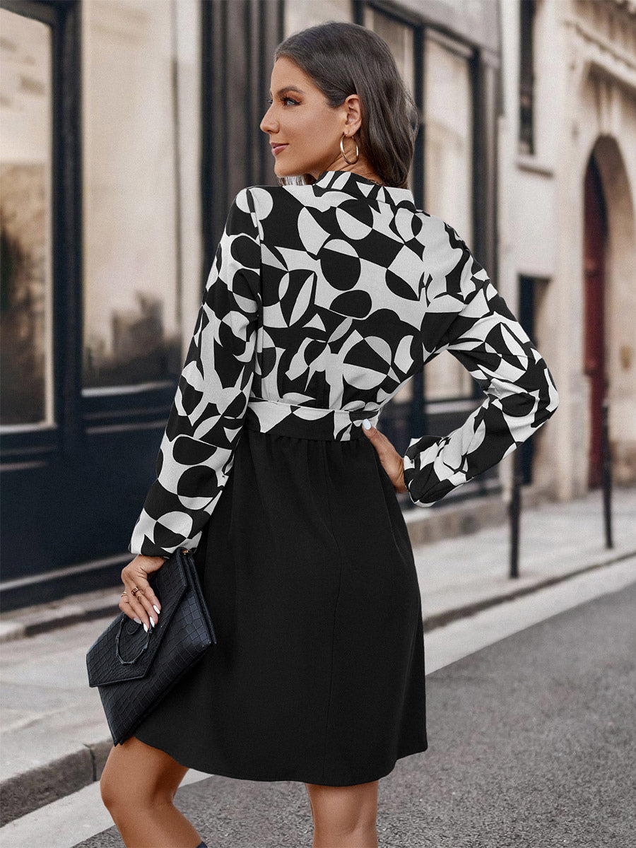 Flared Dresses V-Neck Long Sleeves V-Neck Belted Printed Mini Dress