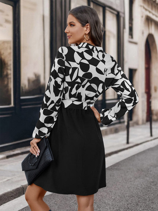 Flared Dresses V-Neck Long Sleeves V-Neck Belted Printed Mini Dress