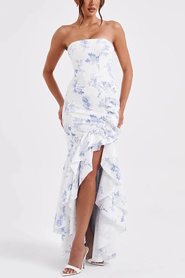 Strapless Ruched Hip Cascade Tiered Ruffle High-Low Maxi Gown