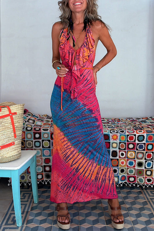 Ruffle Trim Halter Lace-up Backless Tie Dye Maxi Dress