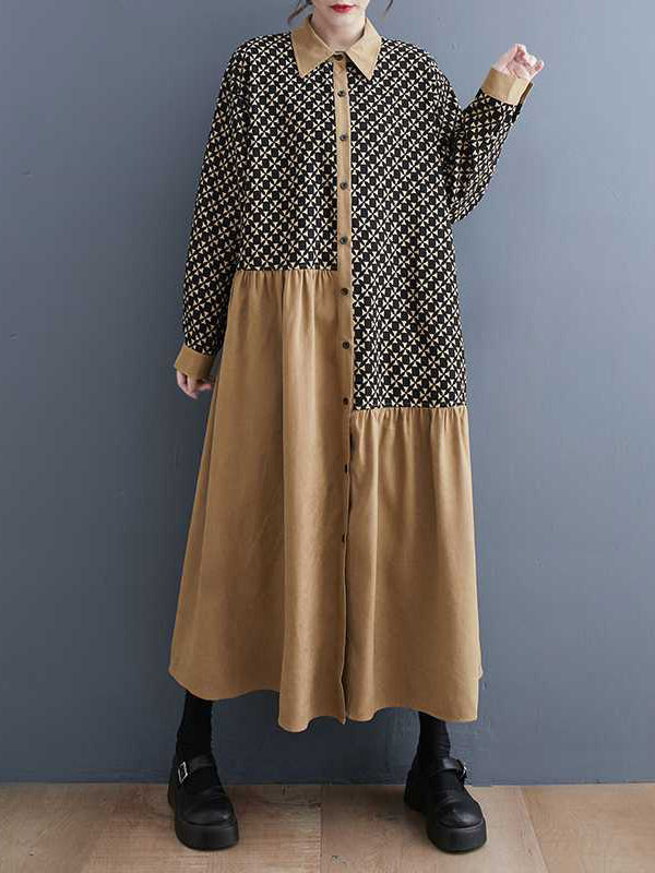 A-Line Long Sleeves Asymmetric Buttoned Pleated Printed Split-Joint Lapel Midi Dresses