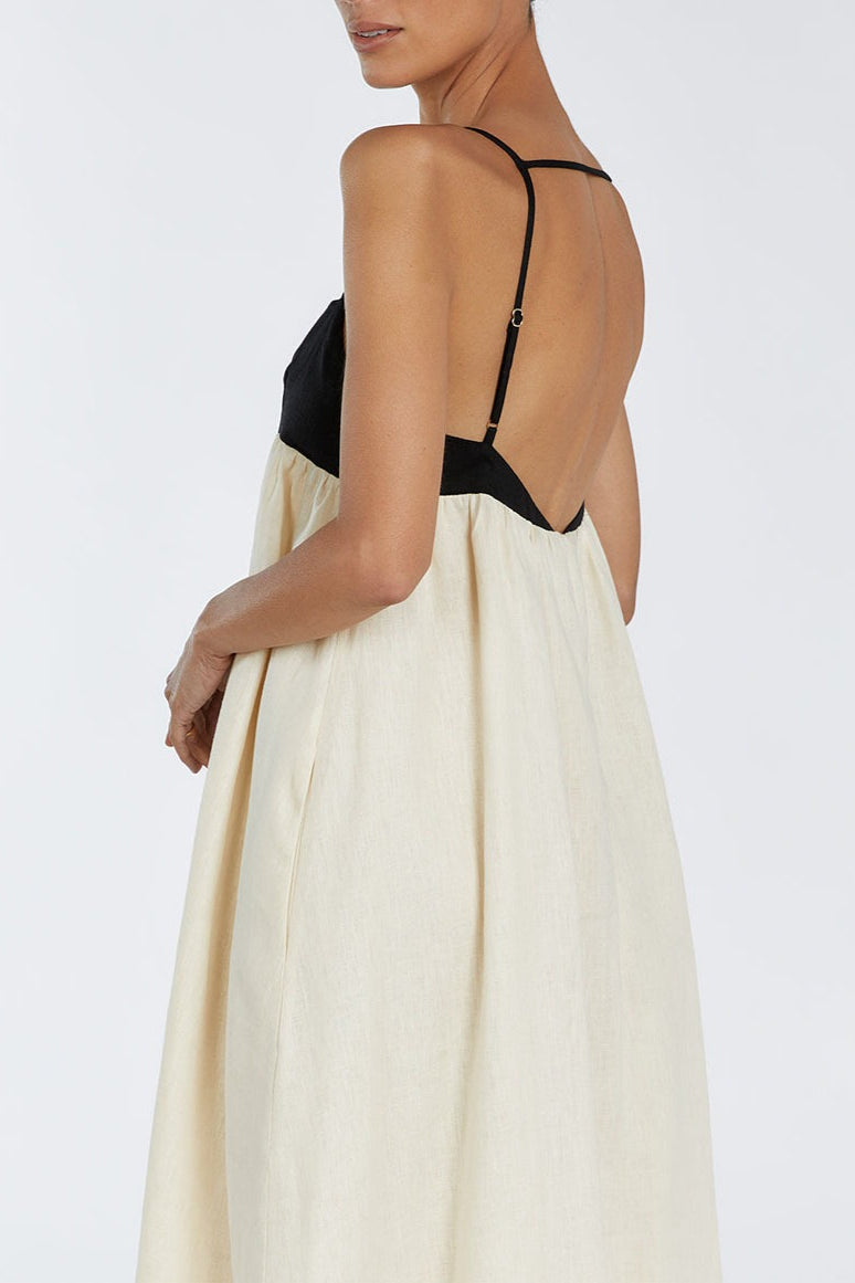 Linen Blend Colorblock Spaghetti Strap Empire Waist Gathered Maxi Dress