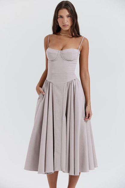 Corset Bustier Spaghetti Strap Basque Waist Pleated Midi Dress