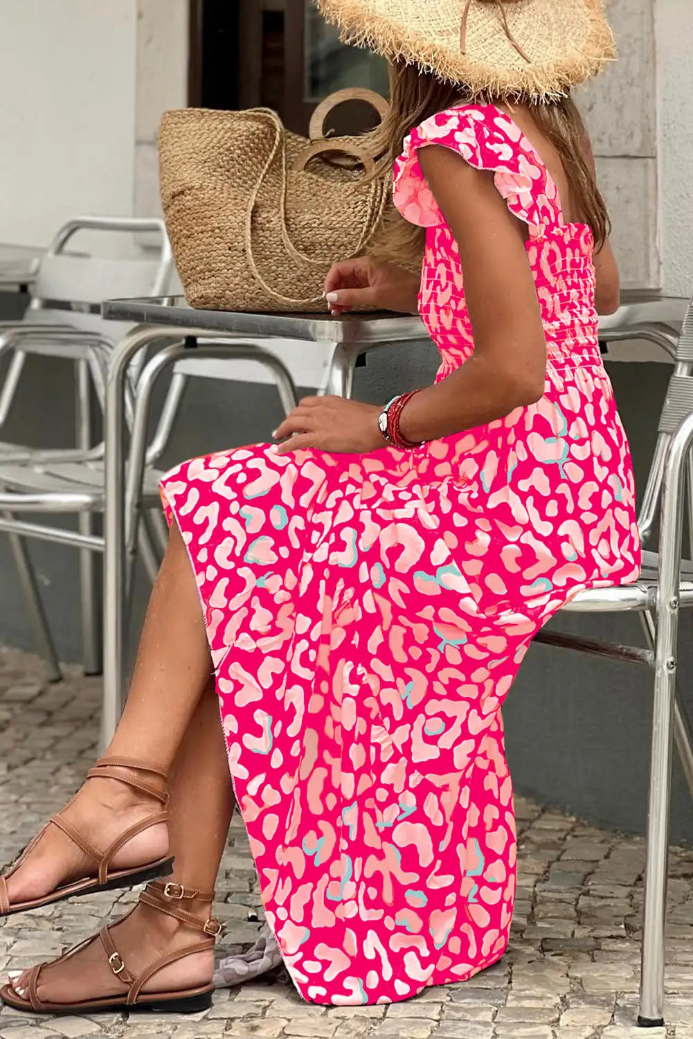 pink leopard ruffle maxi dress