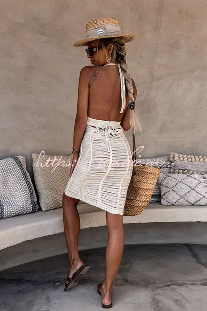 Sandy Sunshine Knit Hollow Out Backless Halter Cover Up Beach Mini Dress