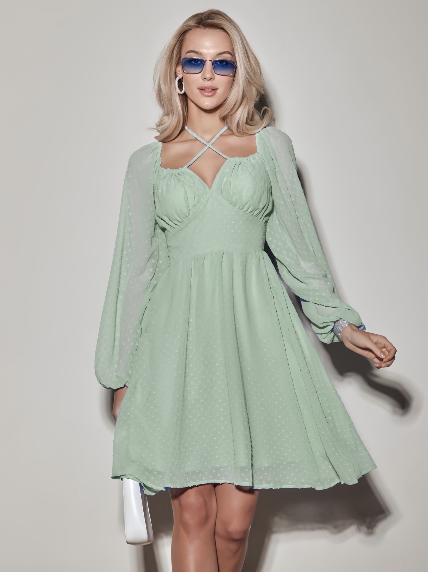 Sweet Short Dress Designed Neckline Polka Dot Long Sleeves Mini Dresses