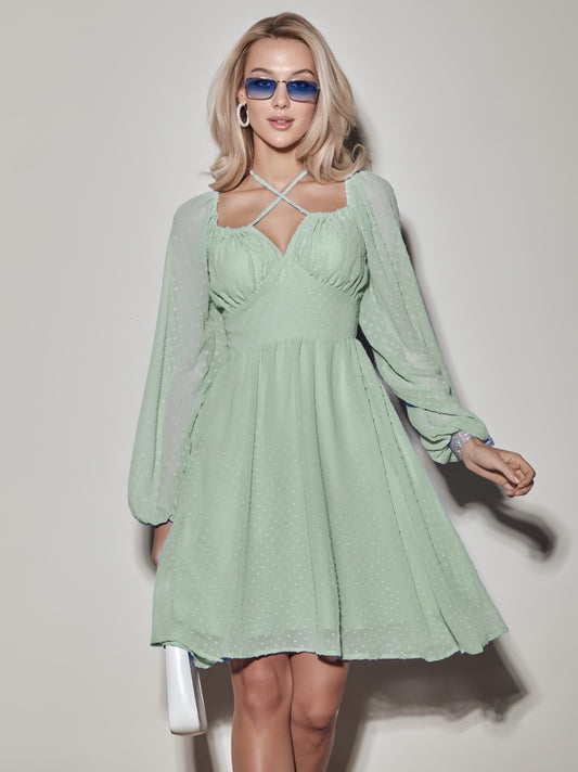 Sweet Short Dress Designed Neckline Polka Dot Long Sleeves Mini Dresses