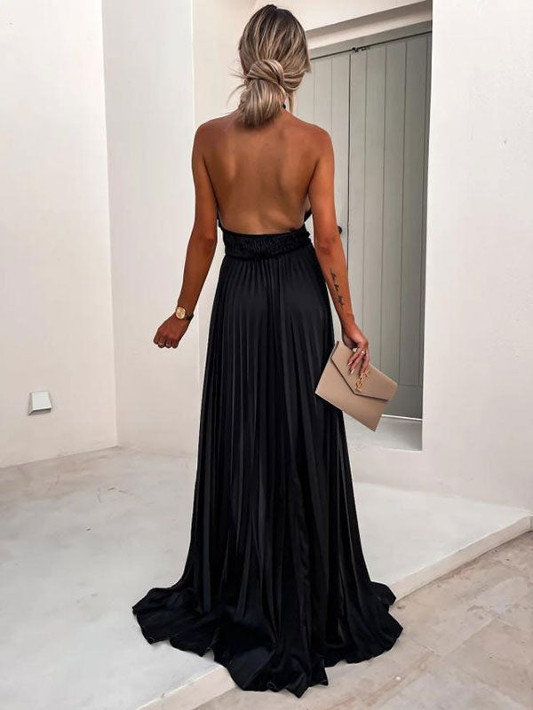 Halter Maxi Dress Sleeveless Casual Backless Pleated Floor Length Dress