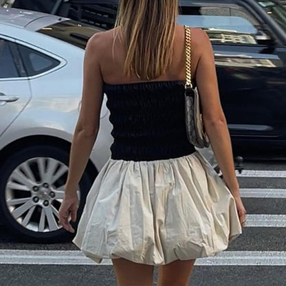 TARUXY Fashion Color Block Sexy Strapless Mini Dress For Women Folds Splice Slim Sleeveless Summer Beach Party Ball Gown Dress