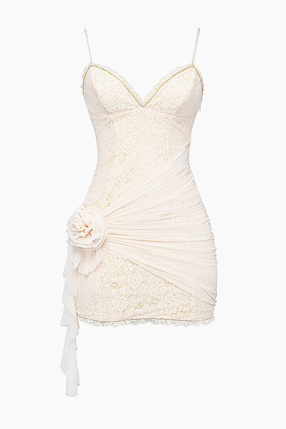 Lace 3D Floral Backless Slip Mini Dress