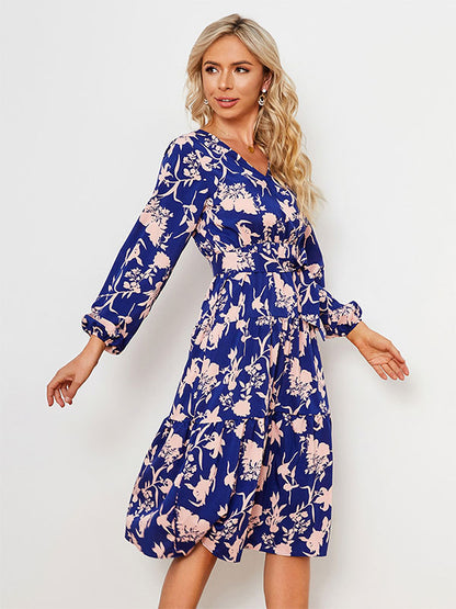 Floral Print Casual V-Neck Long Sleeves Midi Dress