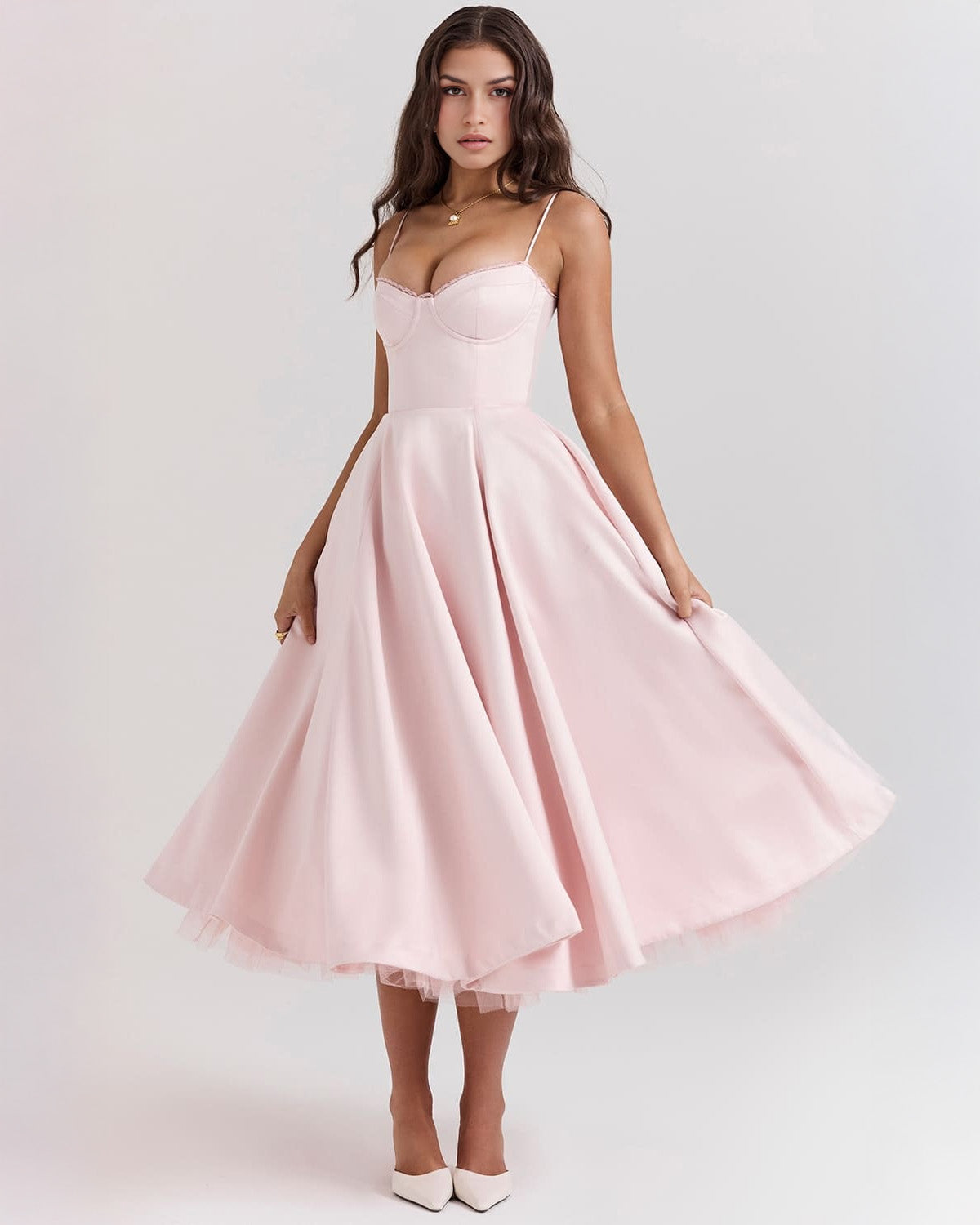 Bustier Spaghetti Strap Lace Trim Pleated Fit and Flare Midi Dress