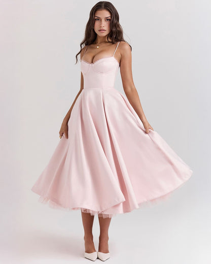 Sweetheart Bustier Spaghetti Strap Corset Tea Length Fit and Flare Midi Dress