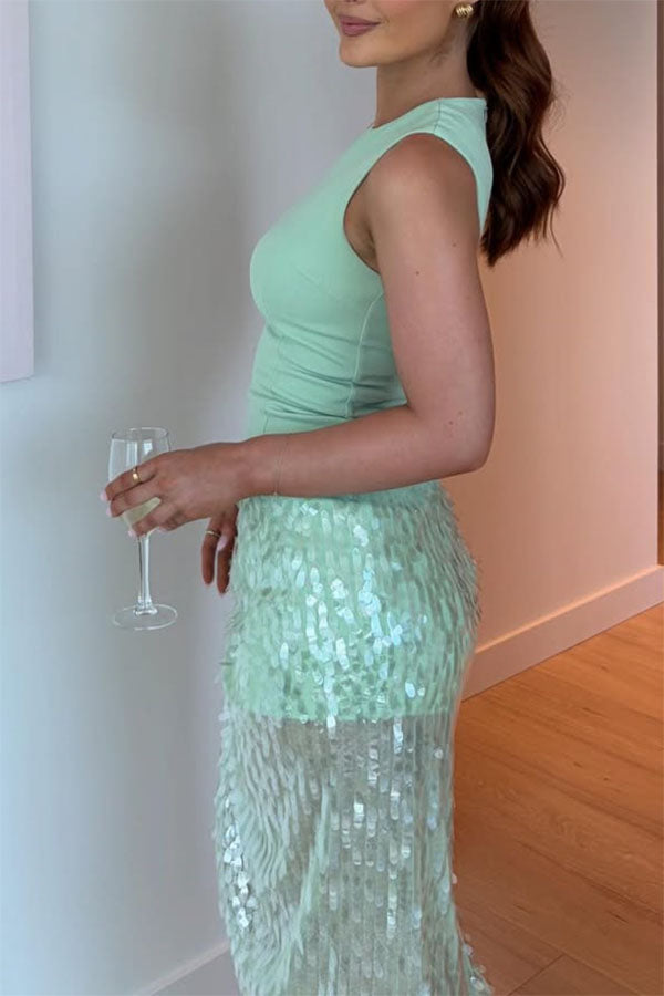 Unspoken Glamour Crepe and Fish Scale Sequins Ruffle Ruched Drape Maxi Dress