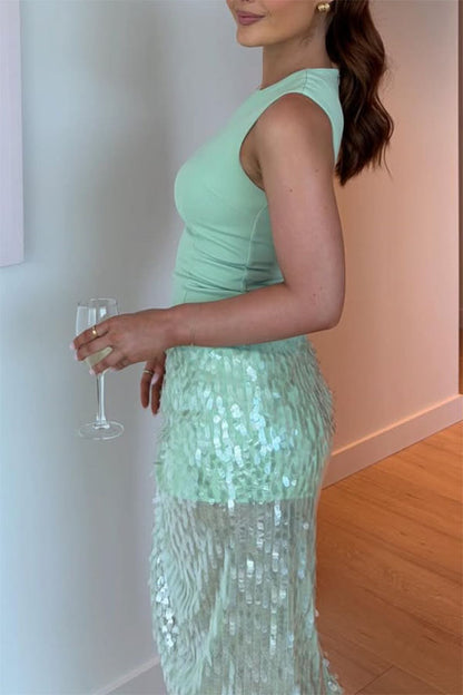 Unspoken Glamour Crepe and Fish Scale Sequins Ruffle Ruched Drape Maxi Dress