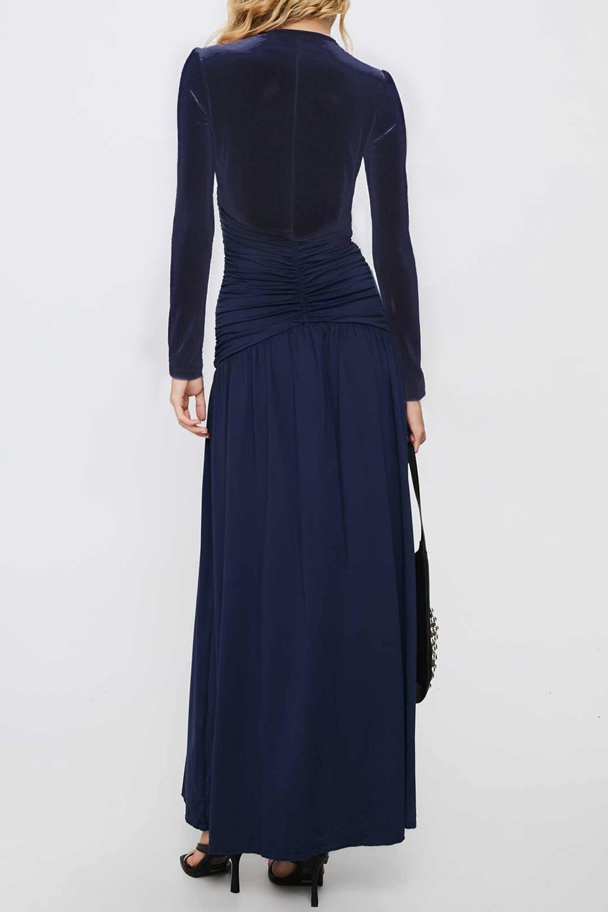 | Deep V Ruched Long Sleeve Slit Fitted Waist Maxi Dress