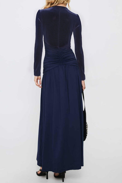 | Deep V Ruched Long Sleeve Slit Fitted Waist Maxi Dress