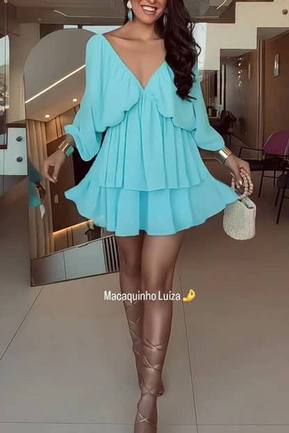 Verne Chiffon Batwing Sleeve Elastic High Waist  Layered Hem Loose Mini Dress