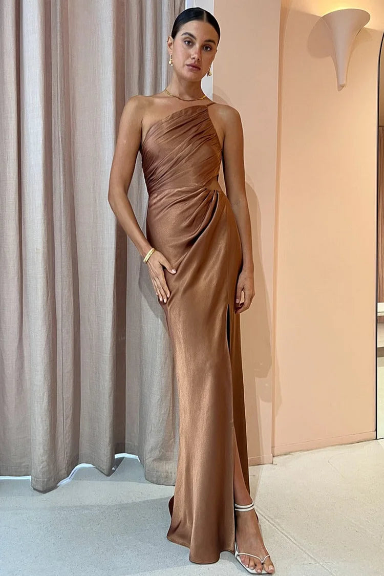 One-Shoulder Ruched Satin Waist Cutout High-Slit Maxi Gown