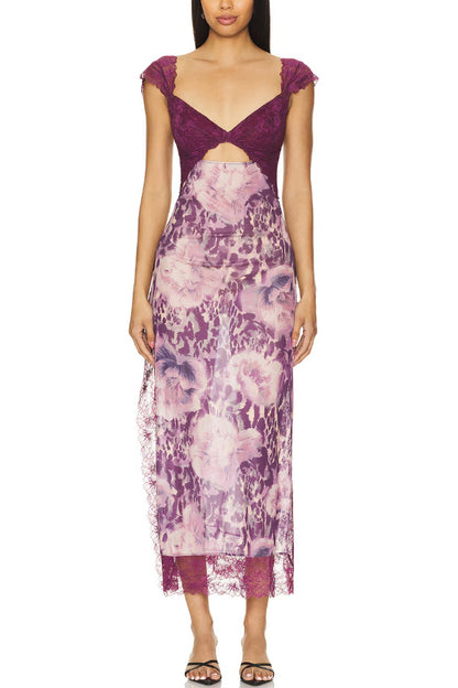 Floral Print Lace Patchwork Hollow-out Slim-fit Midi Dress