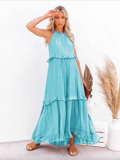 Boho Halter Neck Maxi Shift Dress for Women - Ruffle Tiered Flowy Sun Dress - Summer Beach Vacation 2026