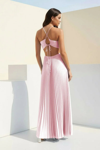 Sky Blue Halter Pleated Satin A Line Prom Dresses With Cutout