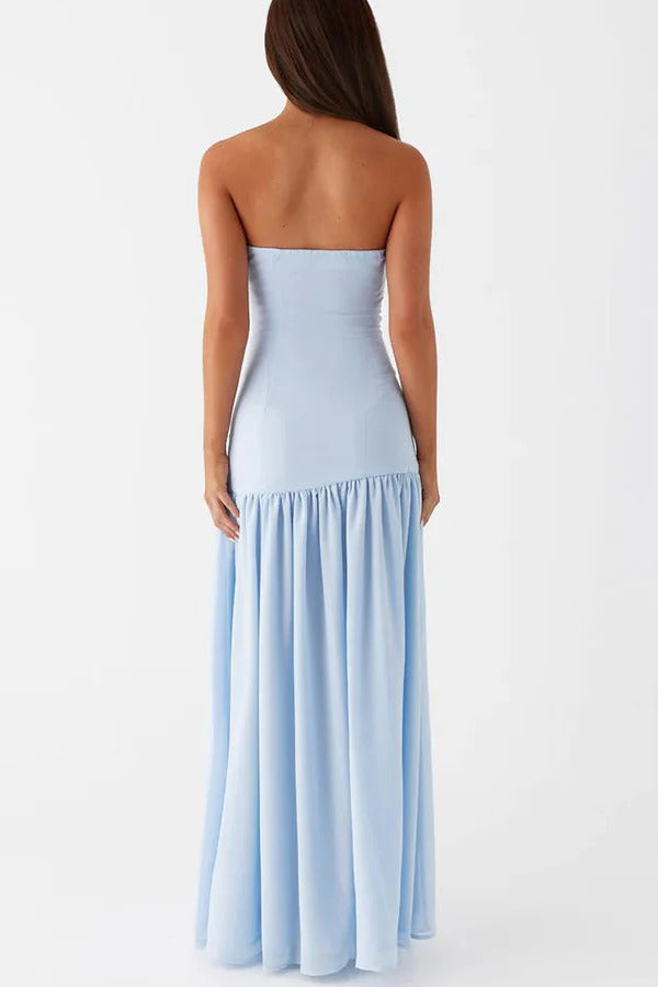 Strapless Bandeau Drop-Waist Gathered Chiffon High-Slit Maxi Gown