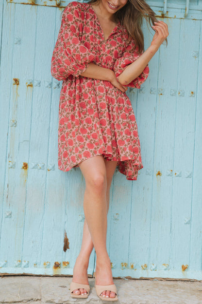 Floral Print Loose Round Neck Tie-up Casual Vacation Mini Dress