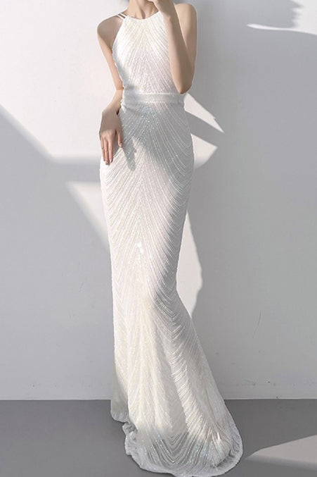 Halter Neck Chevron Sequin Mermaid Maxi Gown