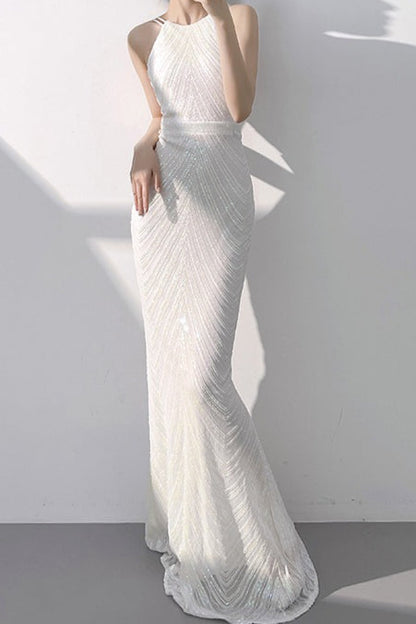 Halter Neck Chevron Sequin Mermaid Maxi Gown