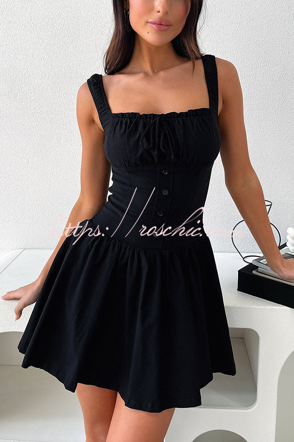 Summer Solid Color Elastic Shoulder Straps and Front Tie Mini Dress