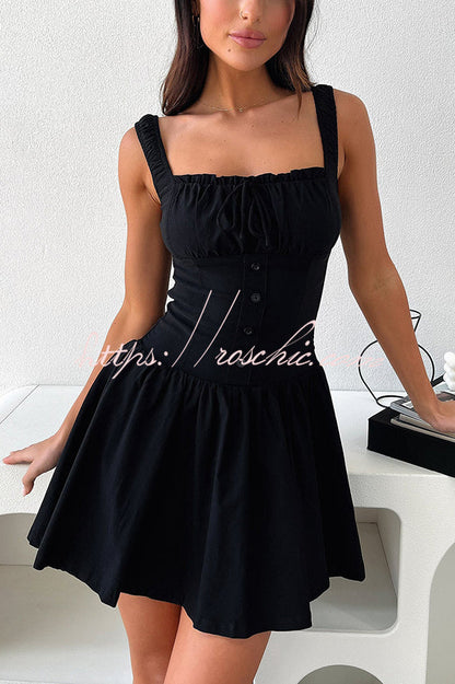 Summer Solid Color Elastic Shoulder Straps and Front Tie Mini Dress