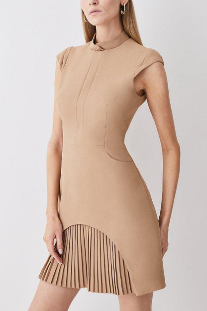Mock Neck Cap Sleeve Asymmetrical Pleated Overlay Mini Dress