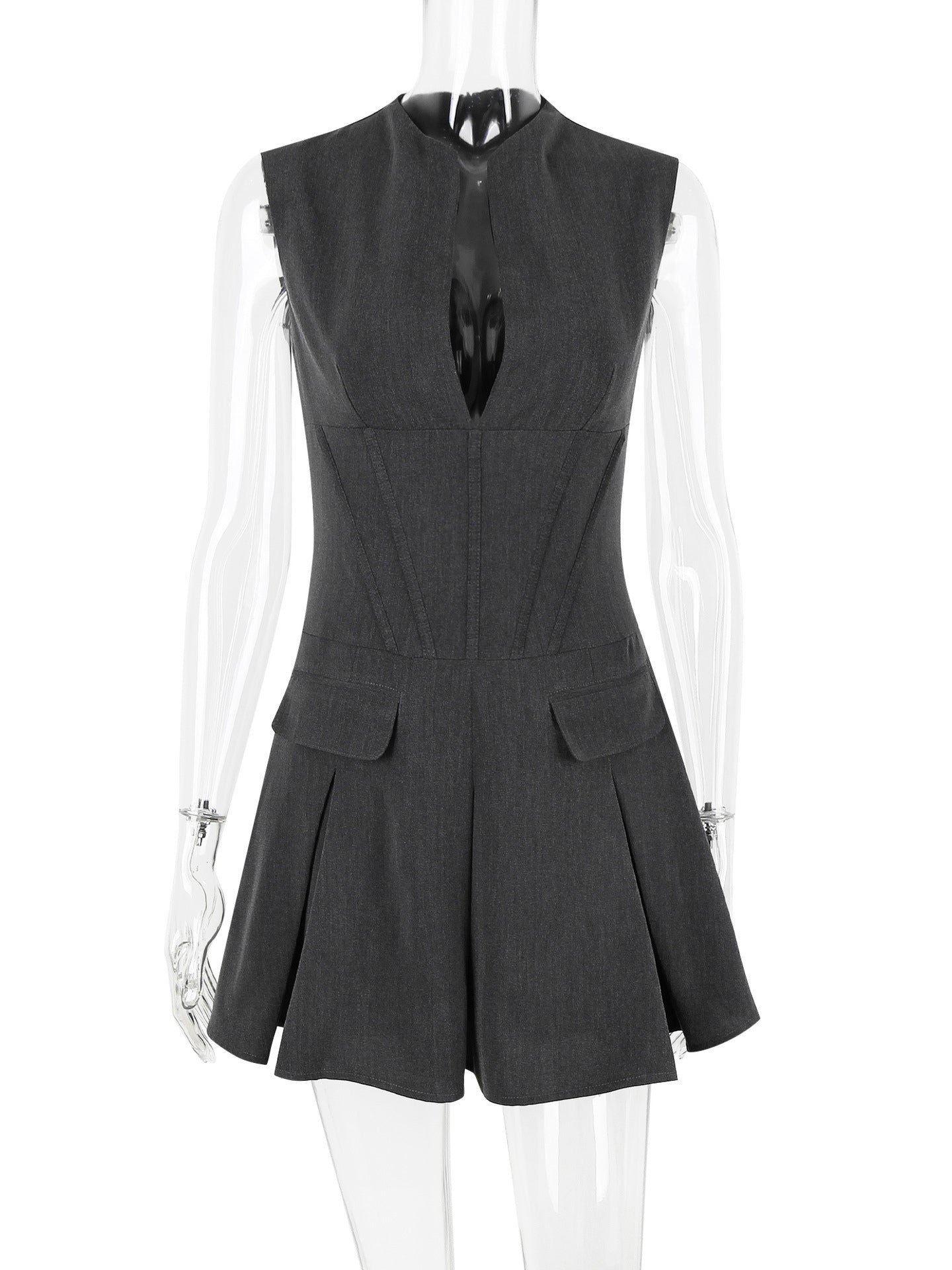 Skater Dresses Polyester Embellished Collar Lace Up Gray Chic Sleeveless Flared Dress Mini Dresses