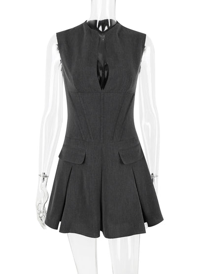 Skater Dresses Polyester Embellished Collar Lace Up Gray Chic Sleeveless Flared Dress Mini Dresses